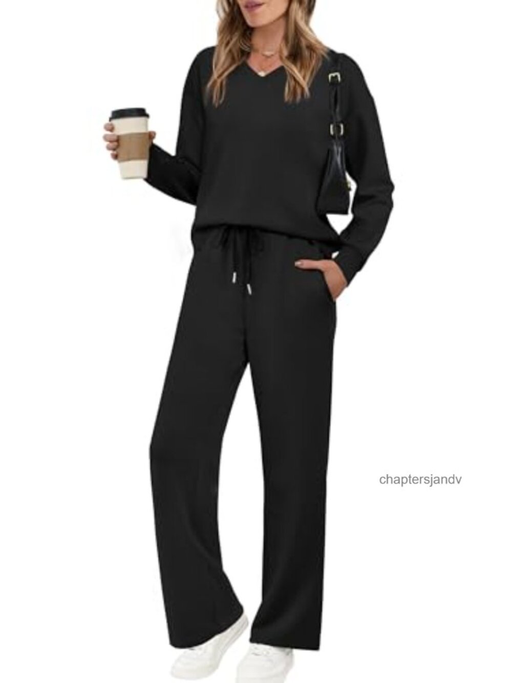 Womens 2 Piece Lounge Set V Neck Wide Leg Pants Sweatsuit